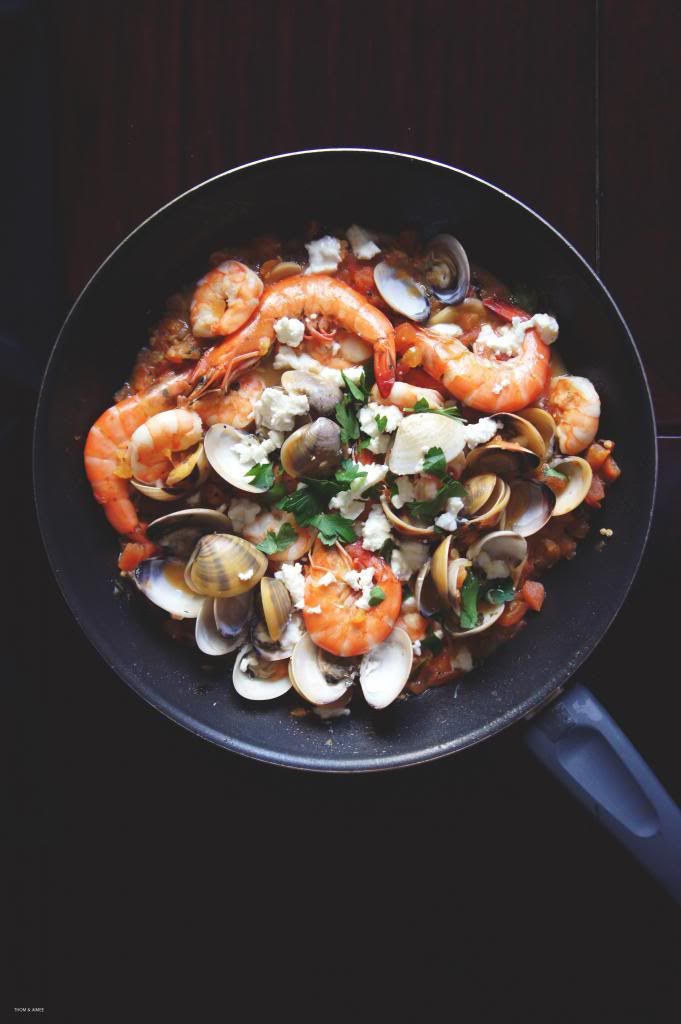 Prawns, Clams with Tomatoes and Feta Thom & Aimee
